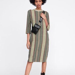 ZARA ; 3/4 SLEEVE MIDI STRIPE DRESS